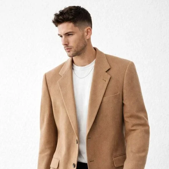 Brown Camel Tan Wool Blazer Made in Canada Classic Tailored Mens Jacket - Picture 2 of 11